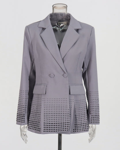 Gray Double-Breasted Blazer with Dot Embellishments