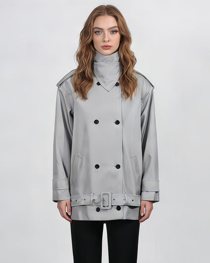 Gray Double-Breasted Trench Coat with Belt