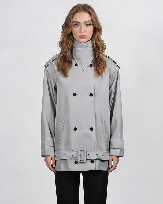 Gray Double-Breasted Trench Coat with Belt