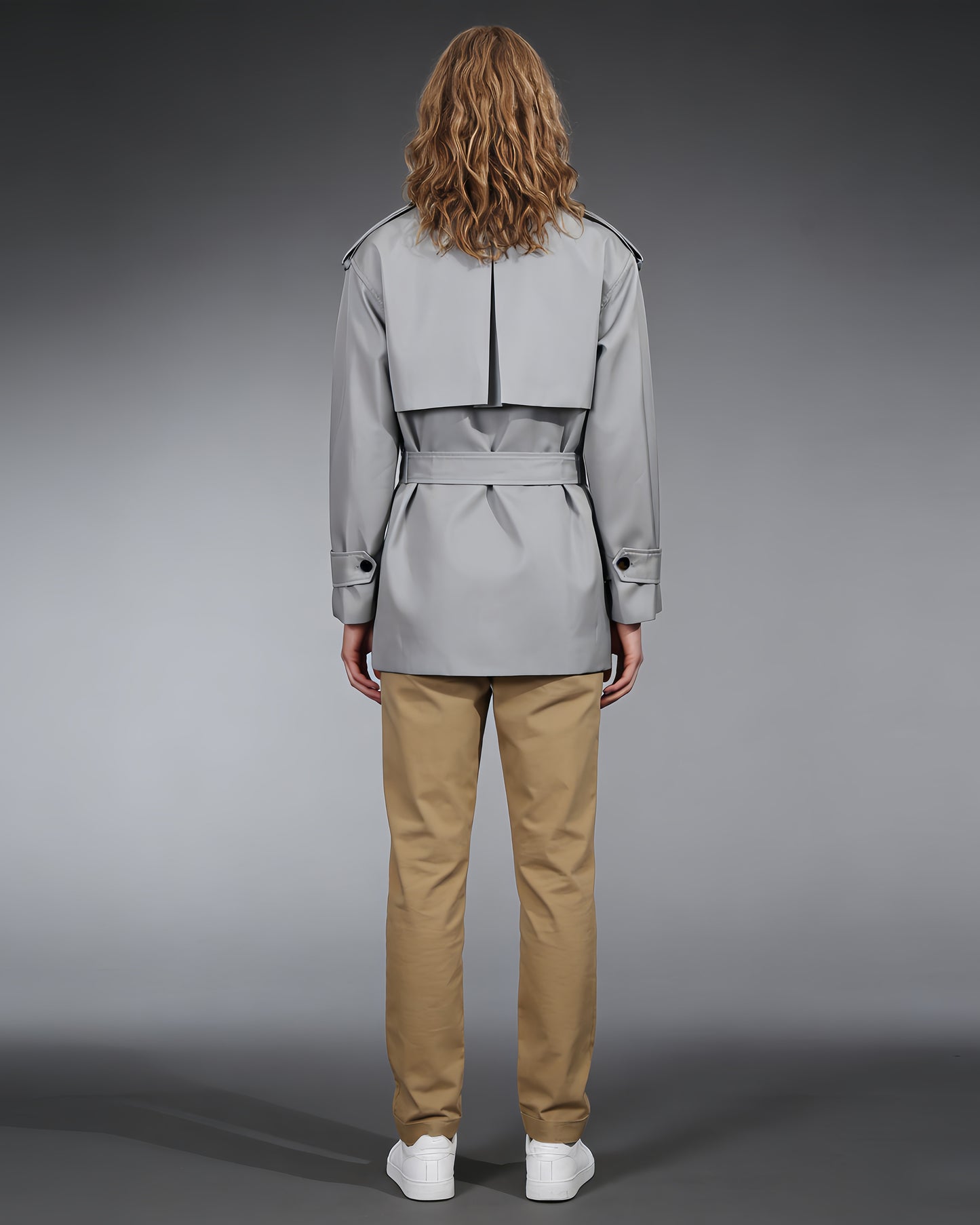 Gray Double-Breasted Trench Coat with Belt