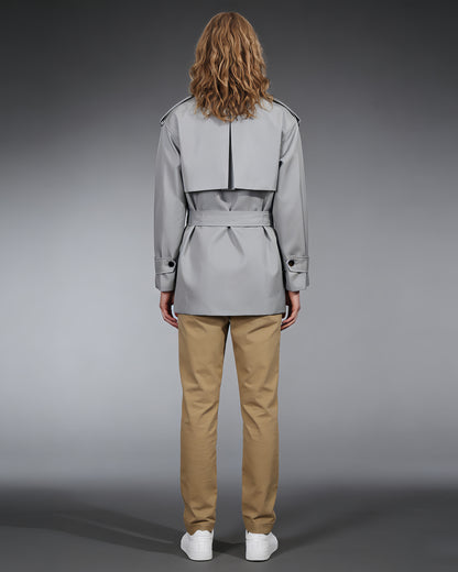 Gray Double-Breasted Trench Coat with Belt