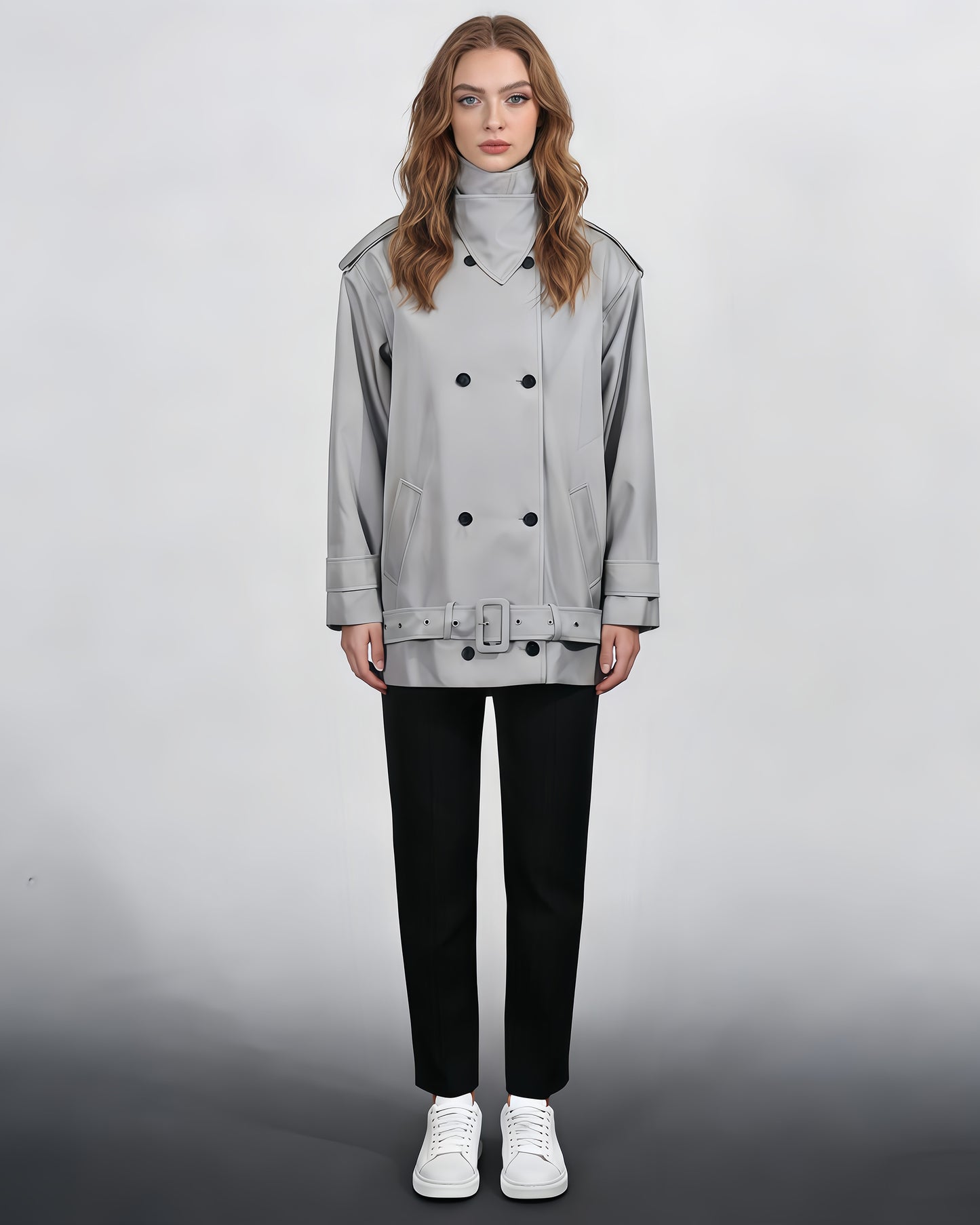 Gray Double-Breasted Trench Coat with Belt