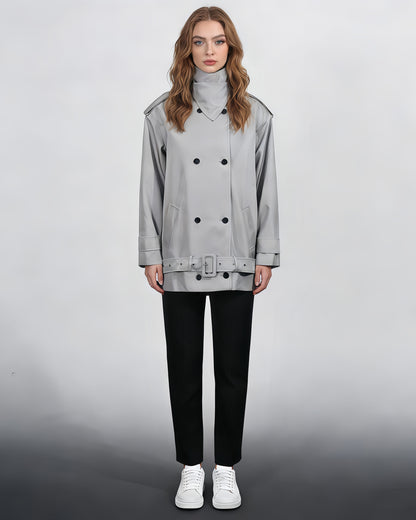 Gray Double-Breasted Trench Coat with Belt