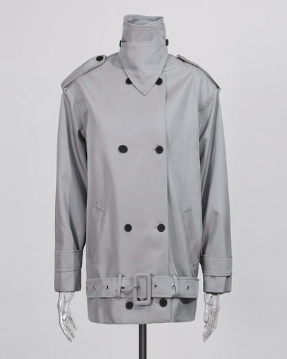 Gray Double-Breasted Trench Coat with Belt