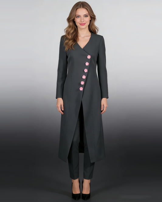 Gray Longline Coat with Pink Floral Buttons