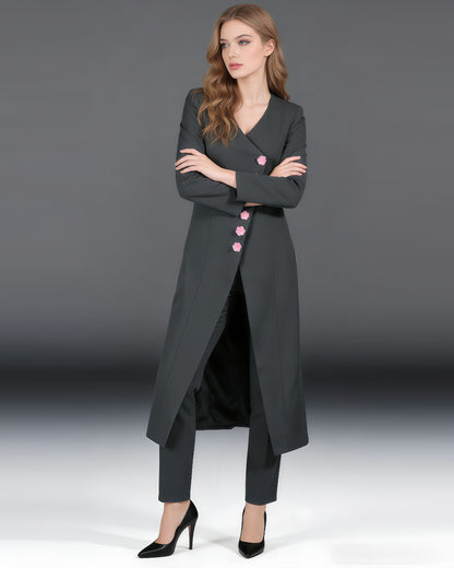 Gray Longline Coat with Pink Floral Buttons