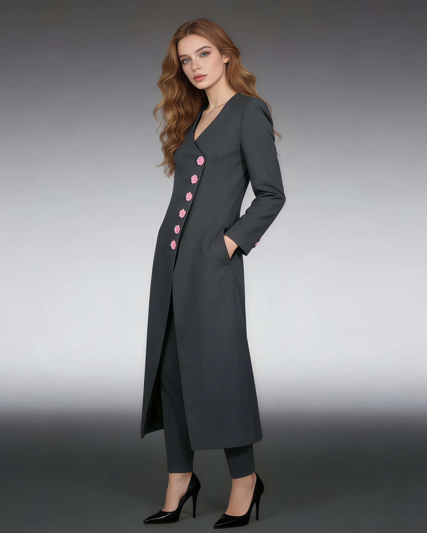 Gray Longline Coat with Pink Floral Buttons