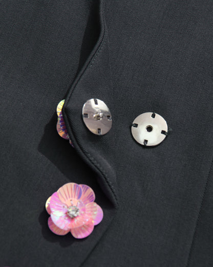 Gray Longline Coat with Pink Floral Buttons