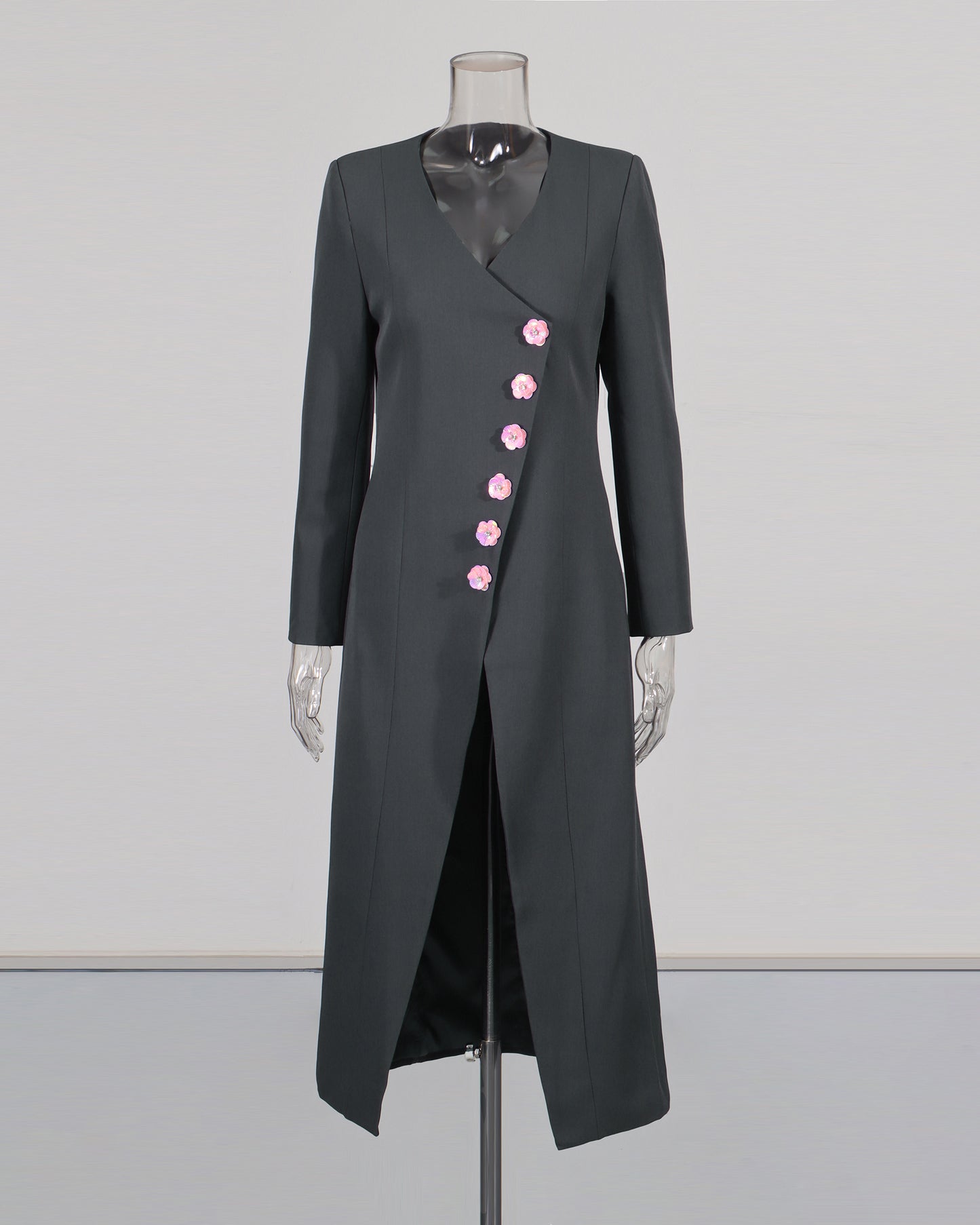 Gray Longline Coat with Pink Floral Buttons