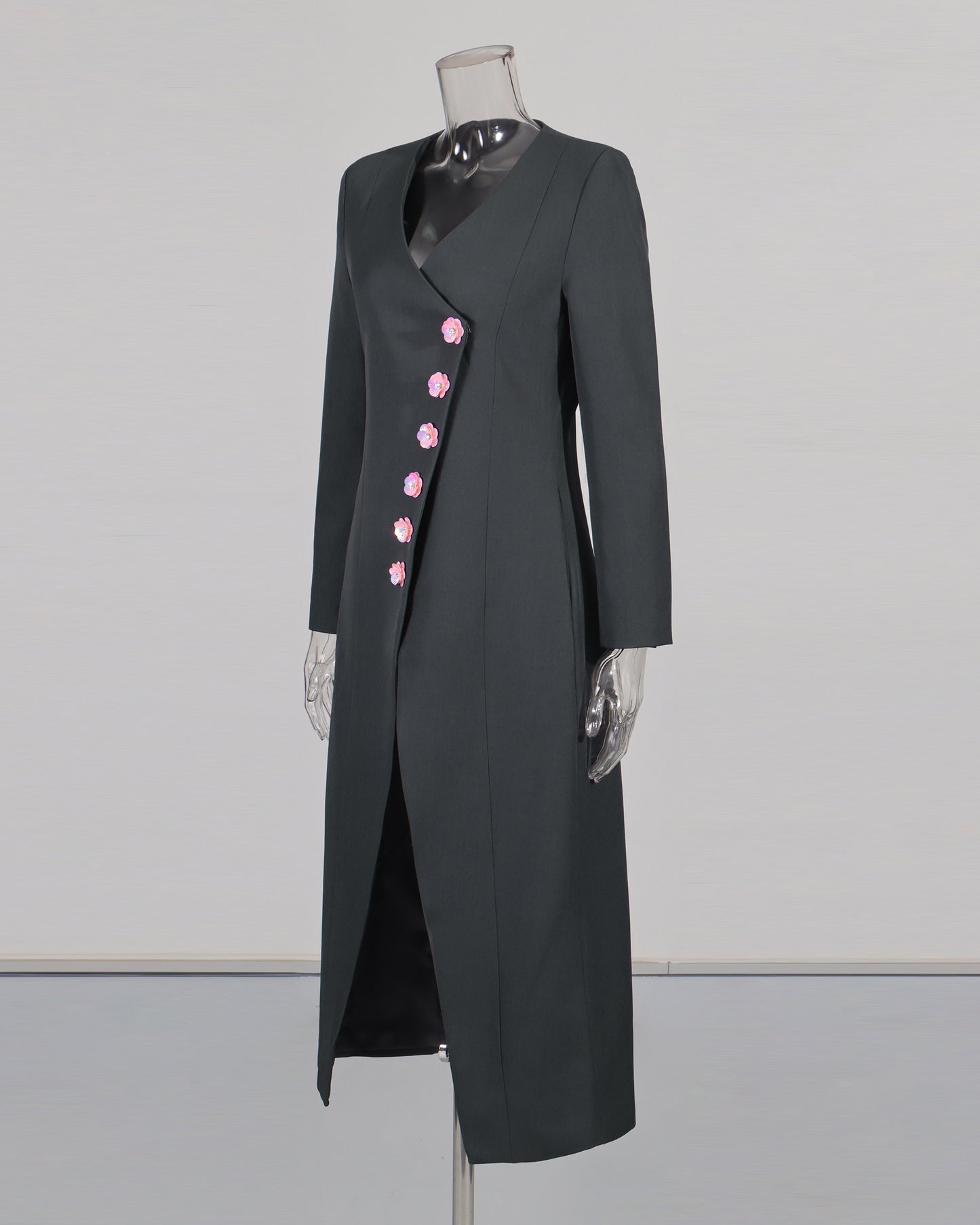 Gray Longline Coat with Pink Floral Buttons