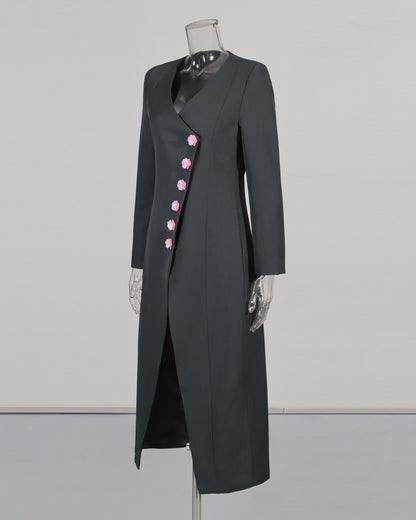 Gray Longline Coat with Pink Floral Buttons
