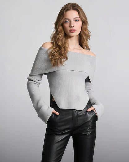 Gray Off-the-Shoulder Ribbed Knit Top