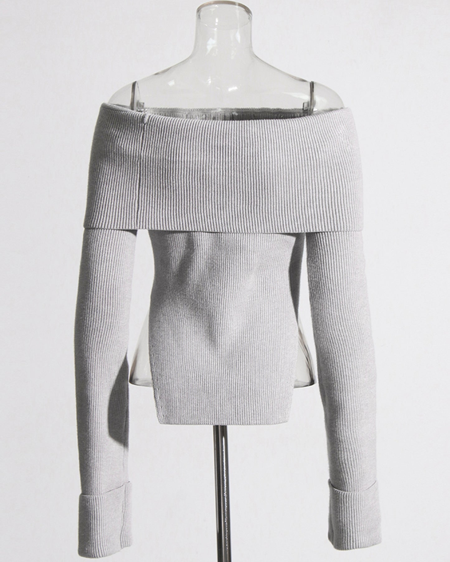 Gray Off-the-Shoulder Ribbed Knit Top