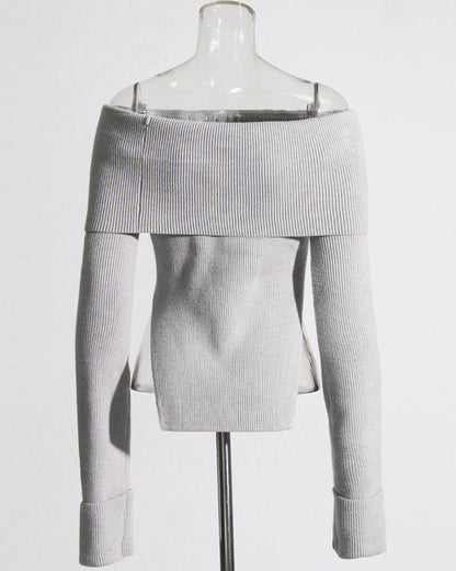 Gray Off-the-Shoulder Ribbed Knit Top