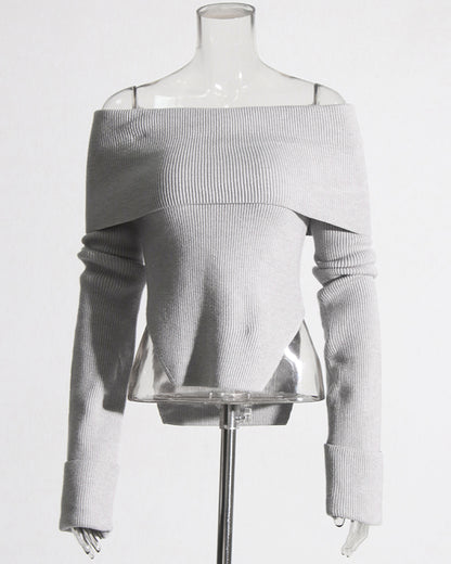 Gray Off-the-Shoulder Ribbed Knit Top