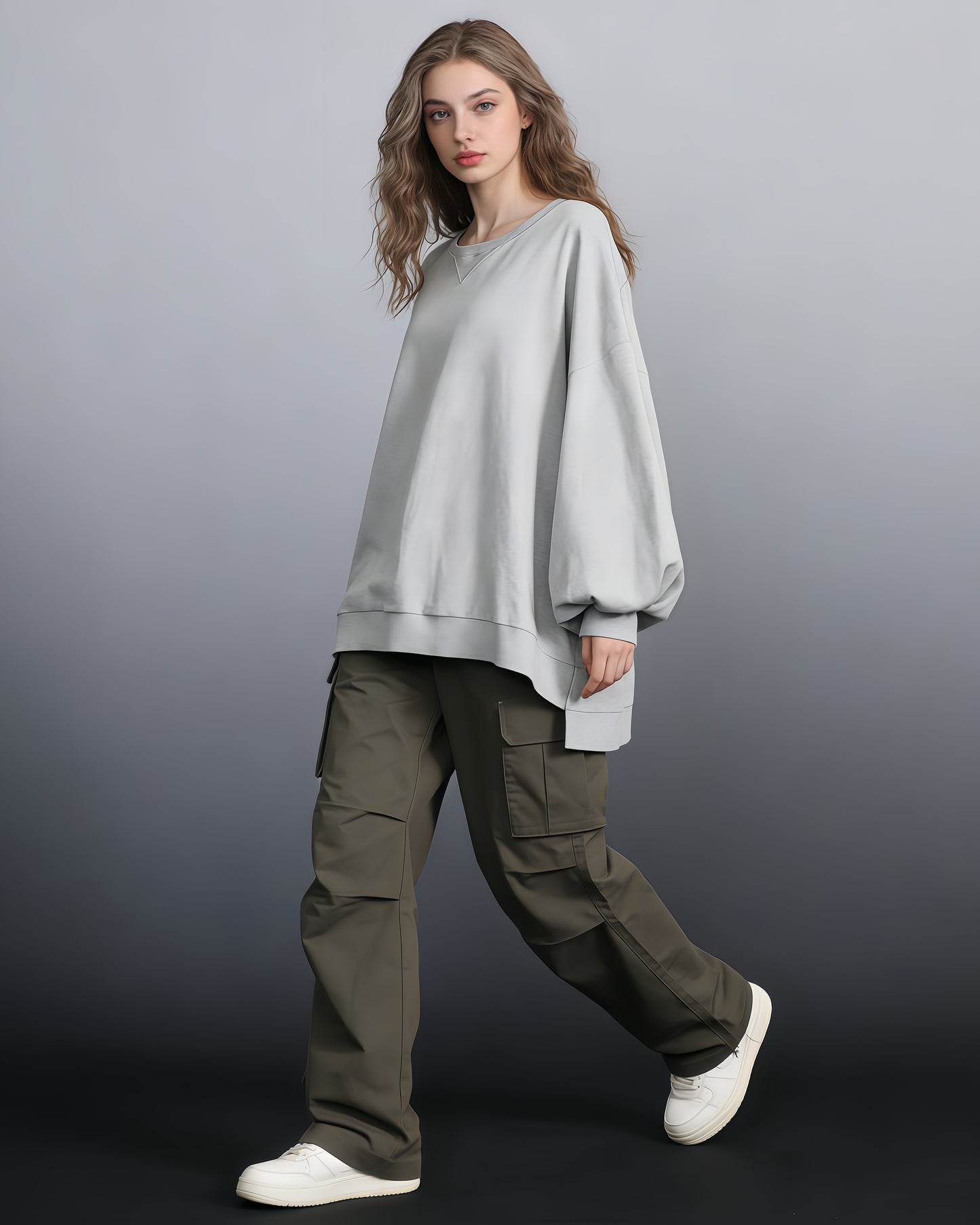 Gray Oversized Balloon-Sleeve Crewneck Sweatshirt