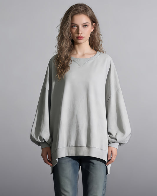 Gray Oversized Balloon-Sleeve Crewneck Sweatshirt