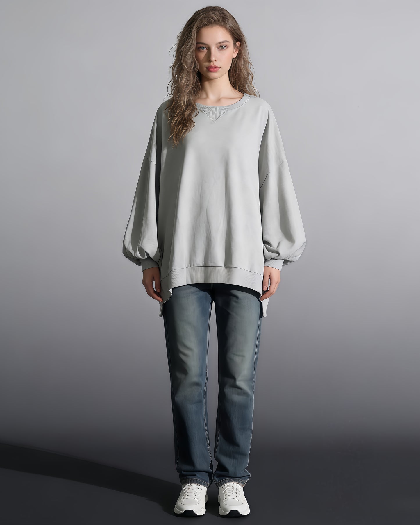 Gray Oversized Balloon-Sleeve Crewneck Sweatshirt