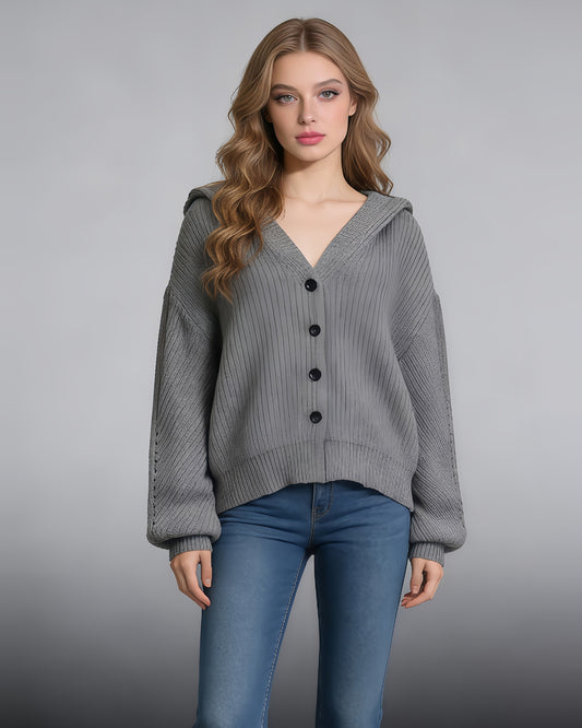 Gray Oversized Knit Cardigan with Sailor Collar