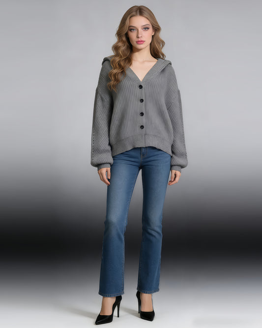 Gray Oversized Knit Cardigan with Sailor Collar