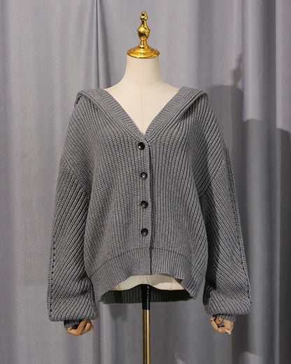 Gray Oversized Knit Cardigan with Sailor Collar