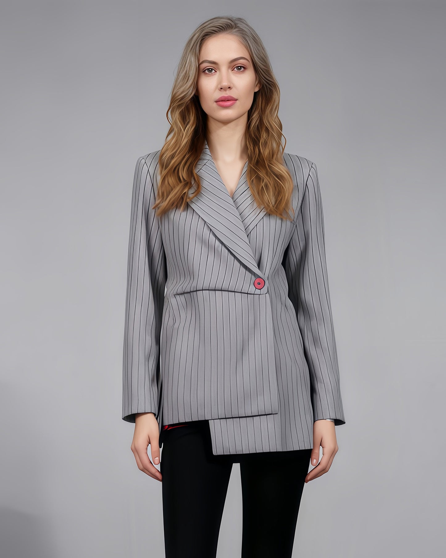 Gray Pinstripe Asymmetric Blazer with Red Button