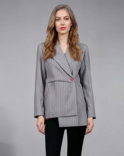 Gray Pinstripe Asymmetric Blazer with Red Button