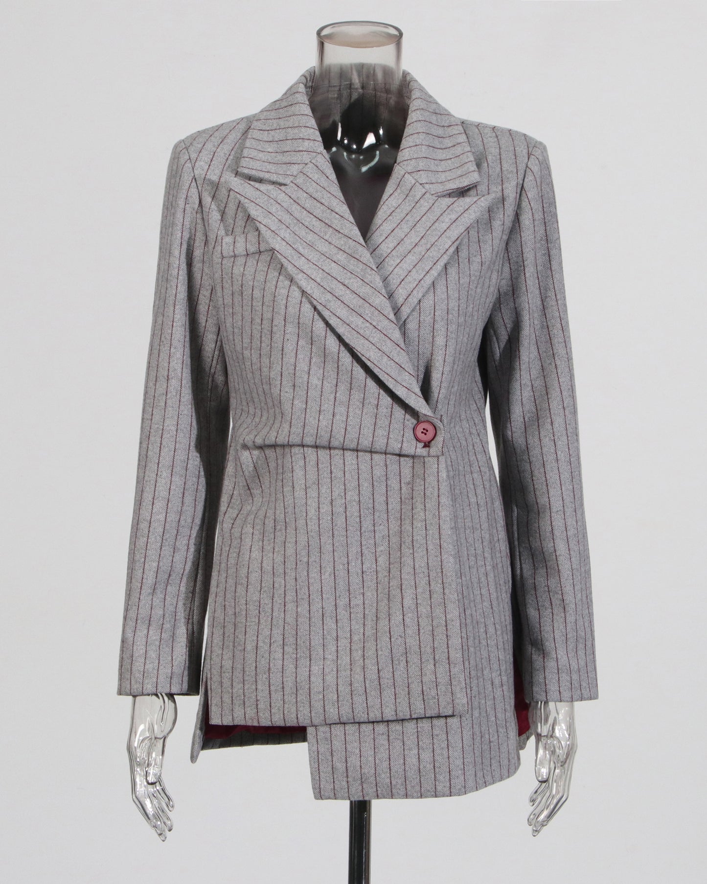 Gray Pinstripe Asymmetric Blazer with Red Button