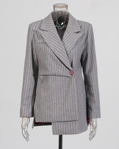 Gray Pinstripe Asymmetric Blazer with Red Button