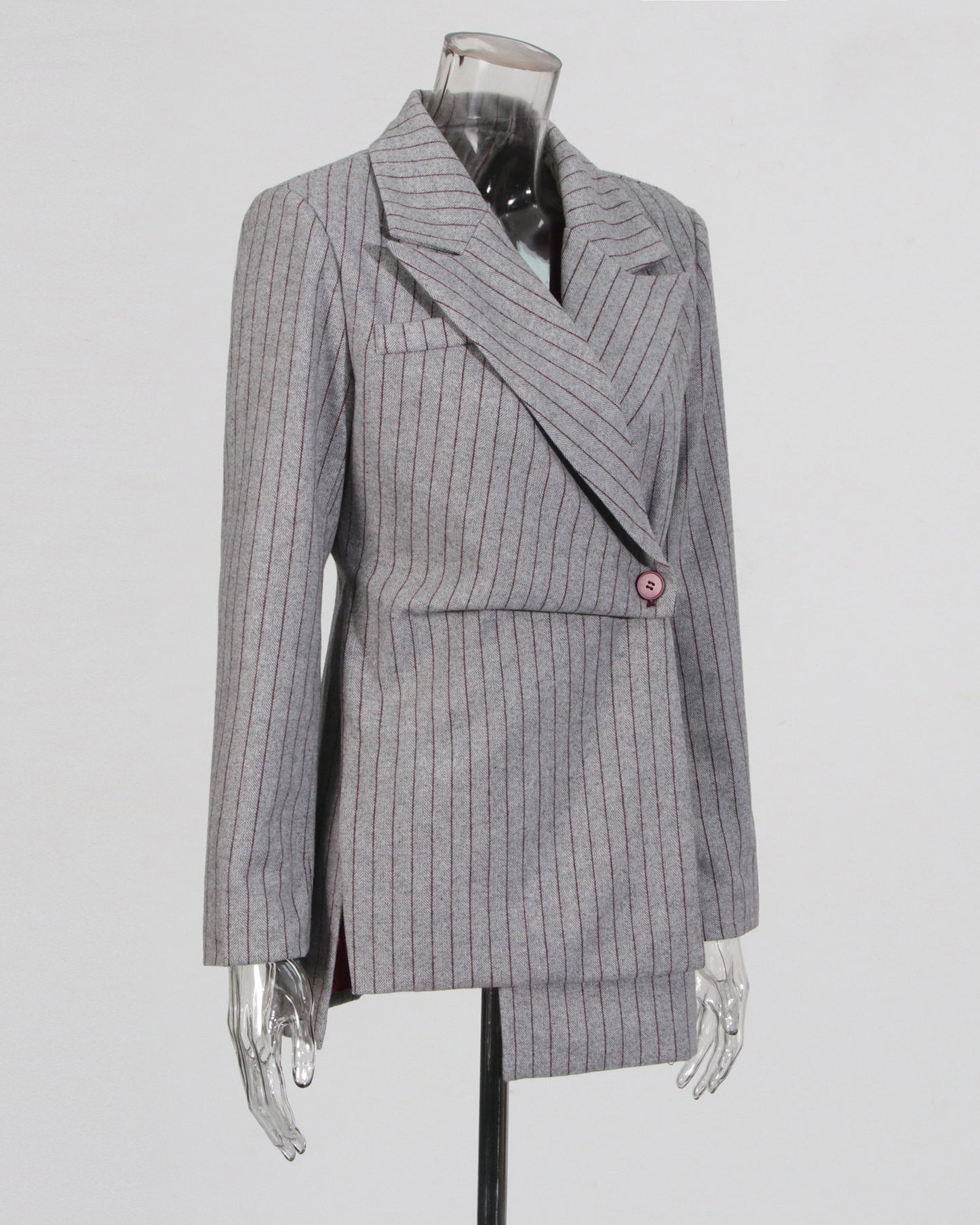 Gray Pinstripe Asymmetric Blazer with Red Button