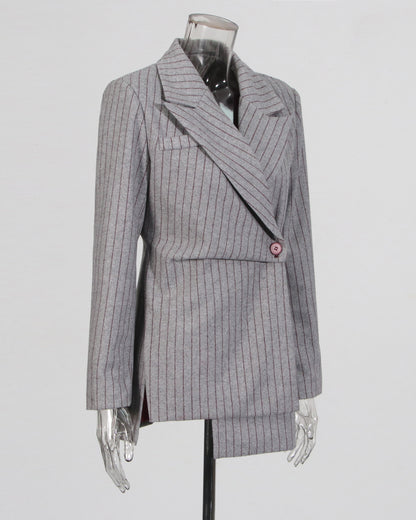 Gray Pinstripe Asymmetric Blazer with Red Button