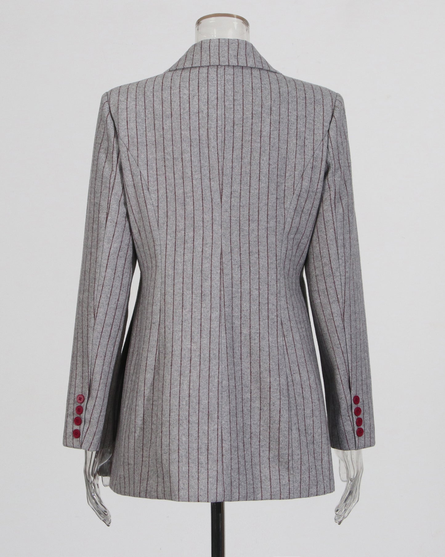 Gray Pinstripe Asymmetric Blazer with Red Button
