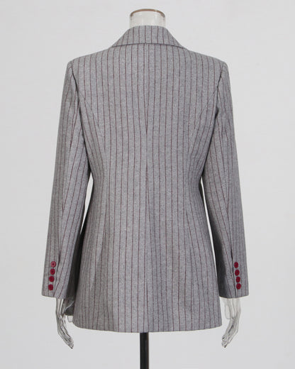Gray Pinstripe Asymmetric Blazer with Red Button
