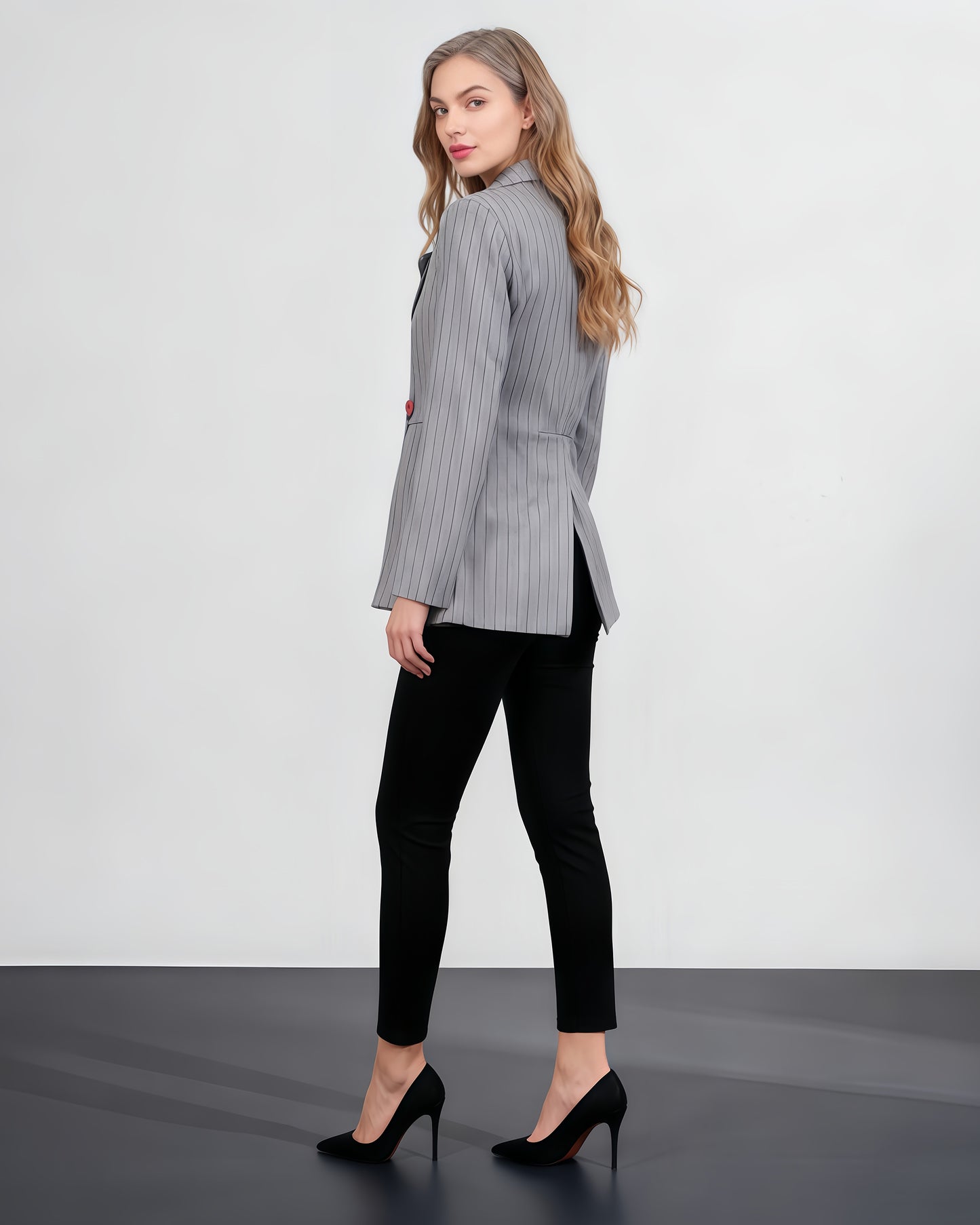 Gray Pinstripe Asymmetric Blazer with Red Button