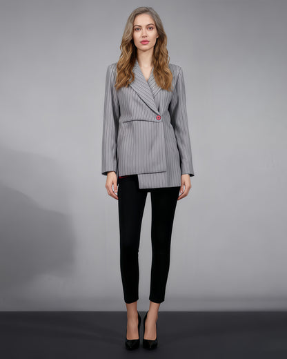 Gray Pinstripe Asymmetric Blazer with Red Button