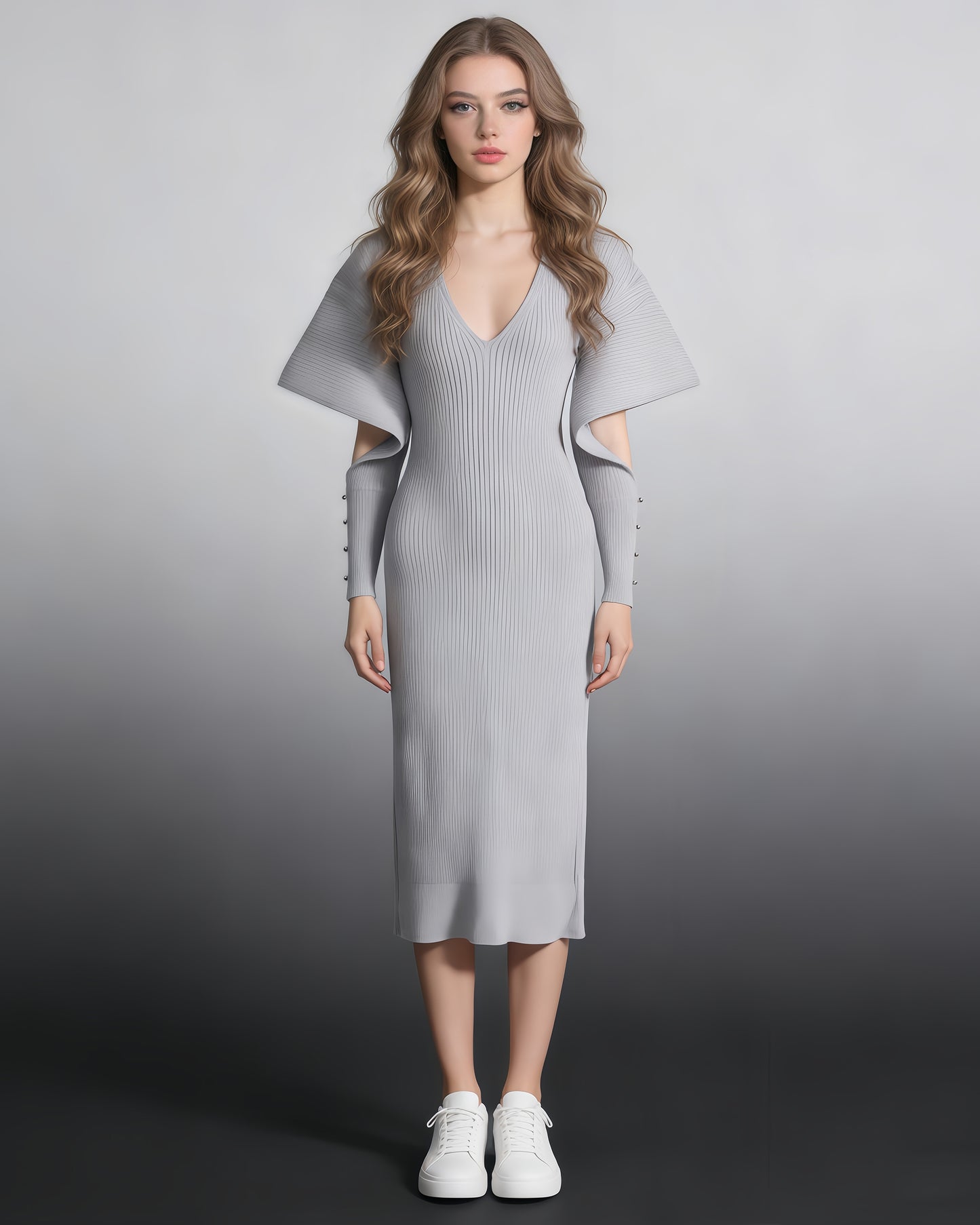 Gray Ribbed Knit Midi Dress with Cape Sleeves