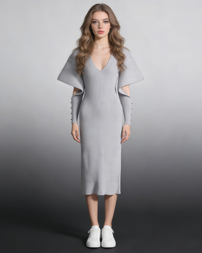 Gray Ribbed Knit Midi Dress with Cape Sleeves