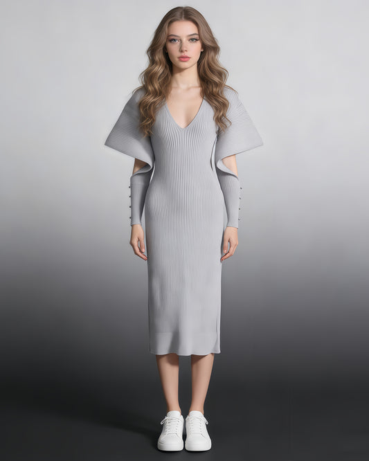 Gray Ribbed Knit Midi Dress with Cape Sleeves