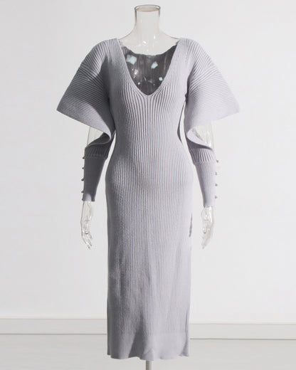 Gray Ribbed Knit Midi Dress with Cape Sleeves