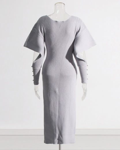Gray Ribbed Knit Midi Dress with Cape Sleeves