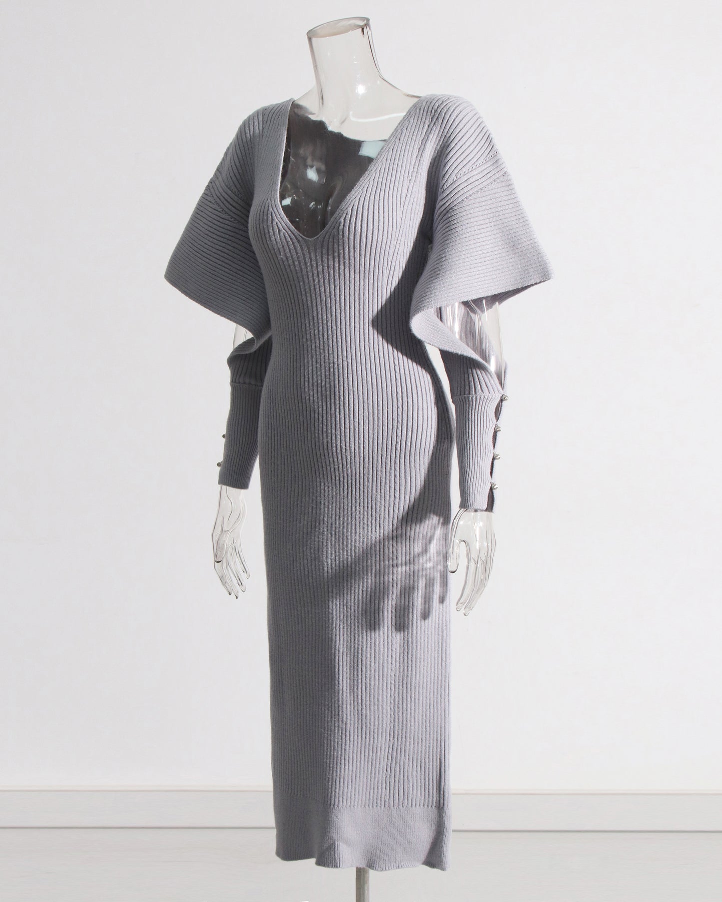 Gray Ribbed Knit Midi Dress with Cape Sleeves