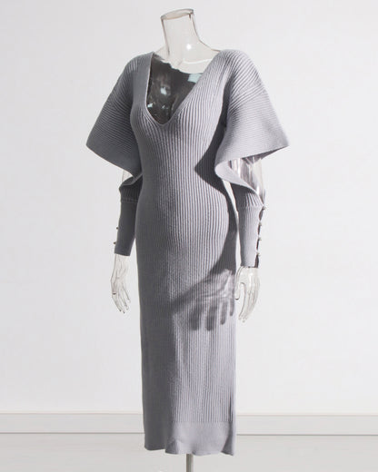 Gray Ribbed Knit Midi Dress with Cape Sleeves