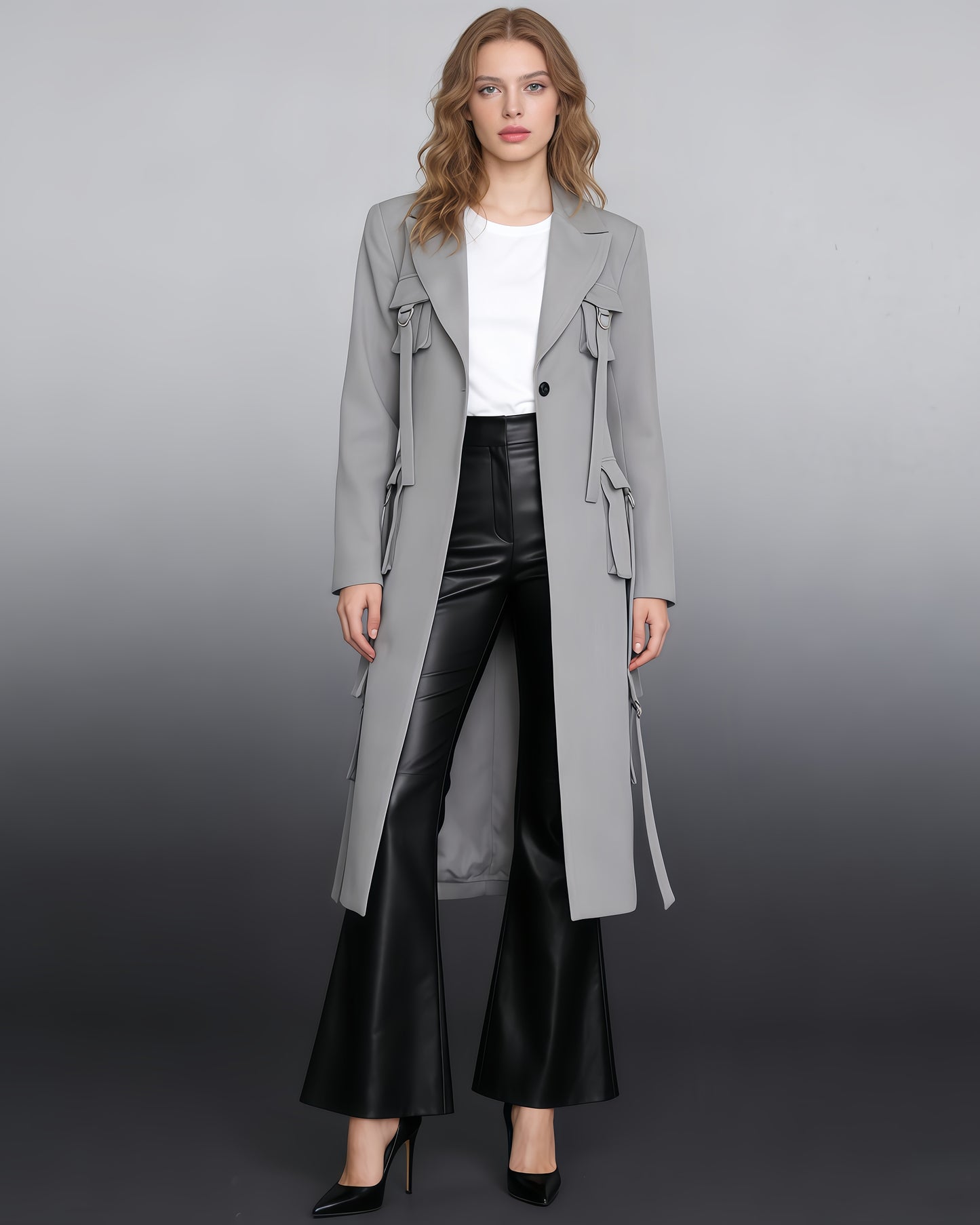 Gray Utility Longline Blazer Coat with Straps