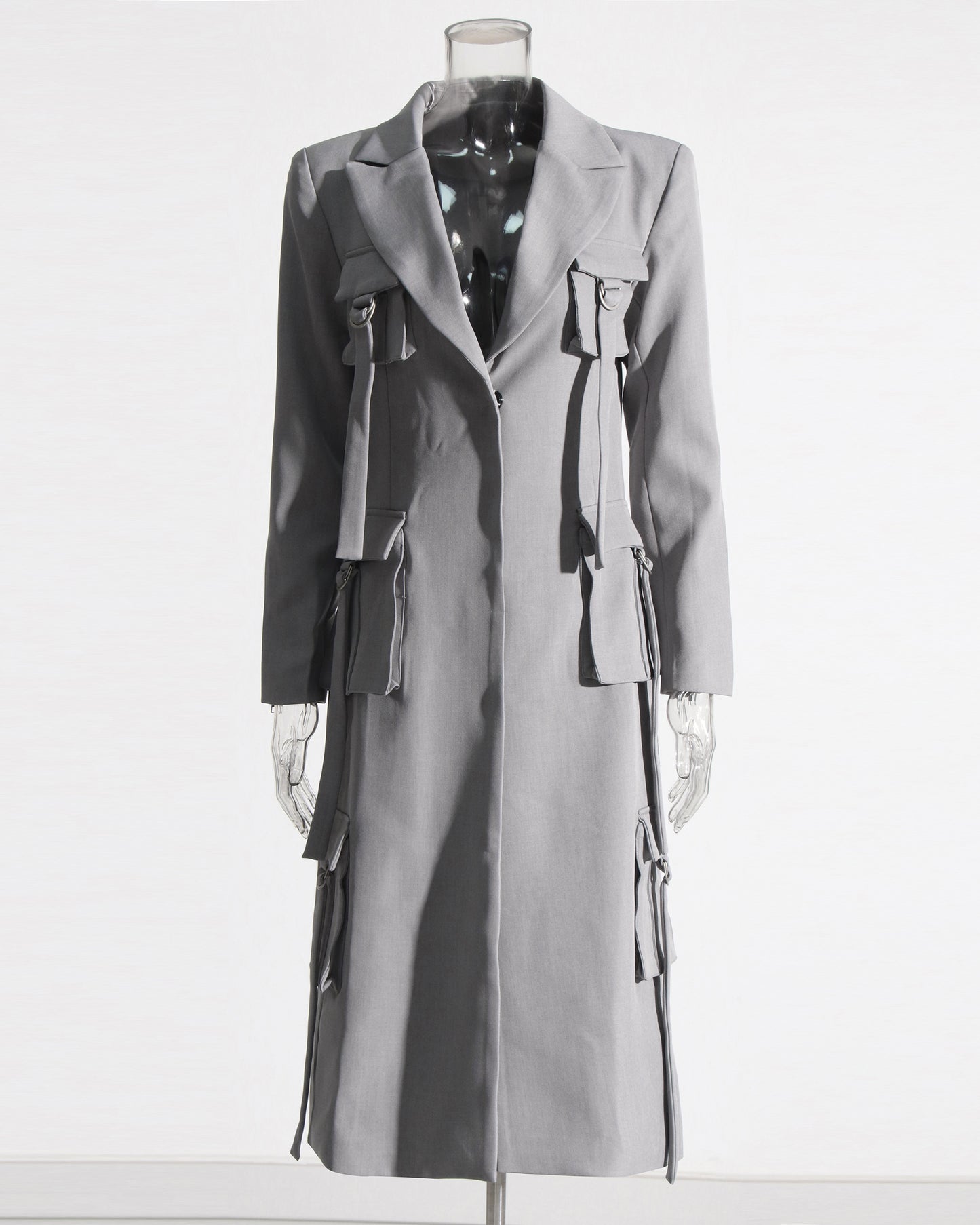 Gray Utility Longline Blazer Coat with Straps