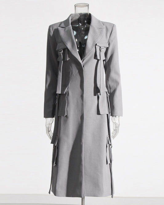 Gray Utility Longline Blazer Coat with Straps