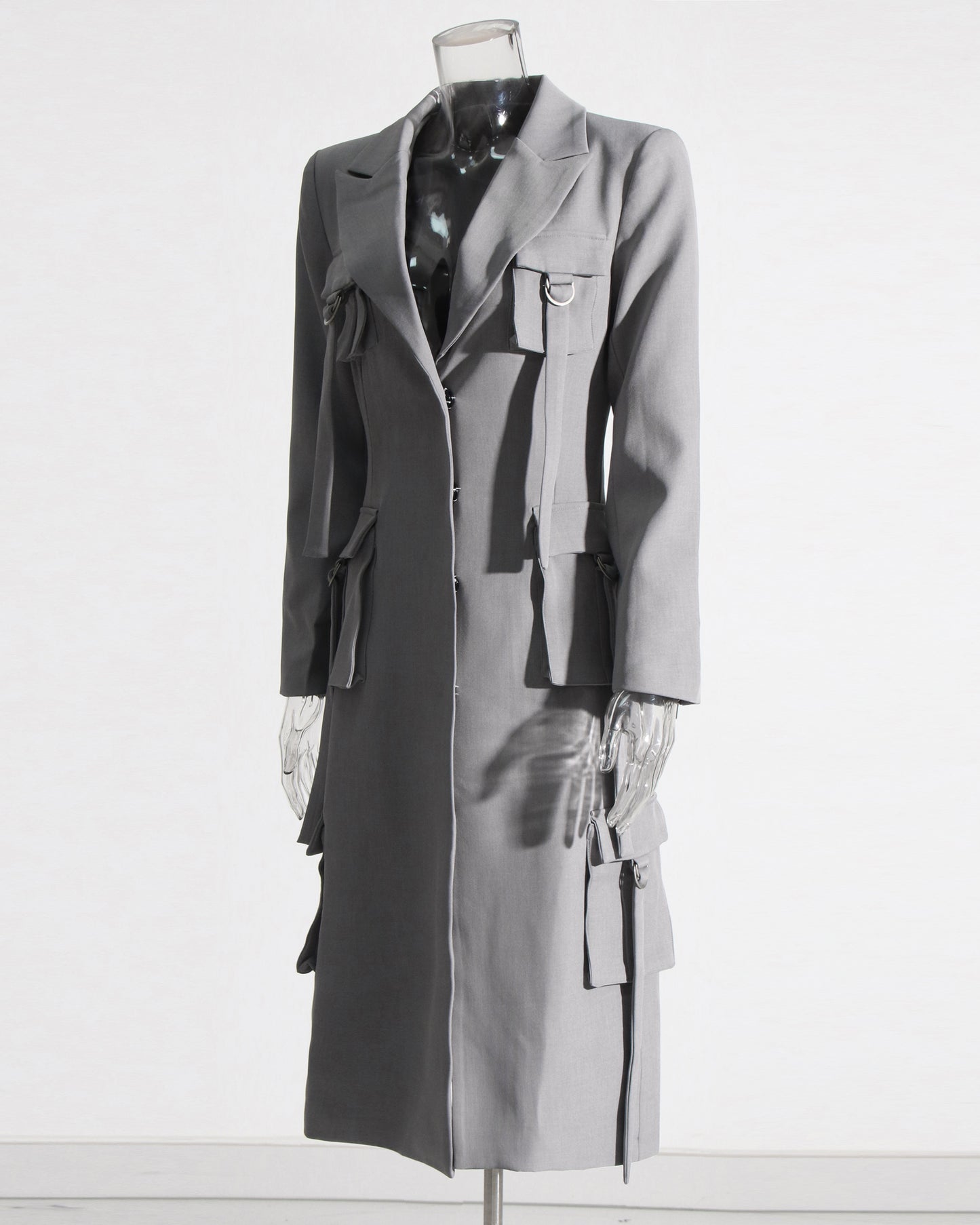 Gray Utility Longline Blazer Coat with Straps