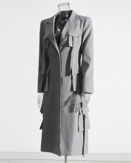 Gray Utility Longline Blazer Coat with Straps