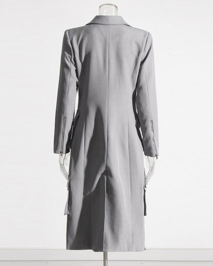 Gray Utility Longline Blazer Coat with Straps