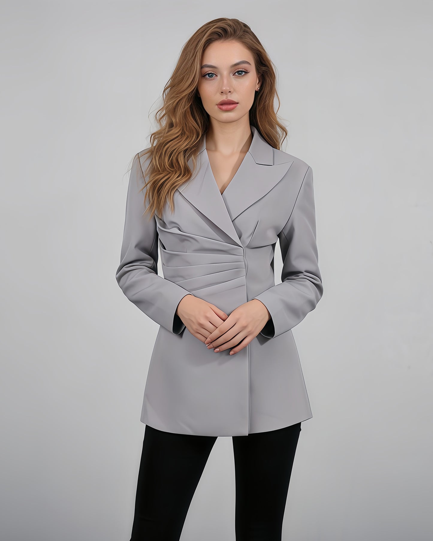 Gray Asymmetric Ruched Blazer with Lapel Collar