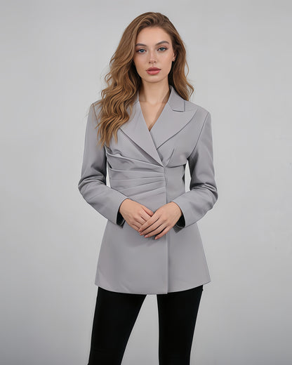 Gray Asymmetric Ruched Blazer with Lapel Collar